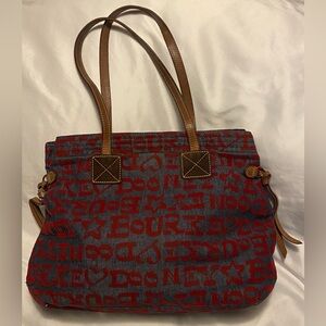 Dooney & Bourke Blue Denim w/Red Graffiti Tote 12”x14”x5” Pink Interior Preowned